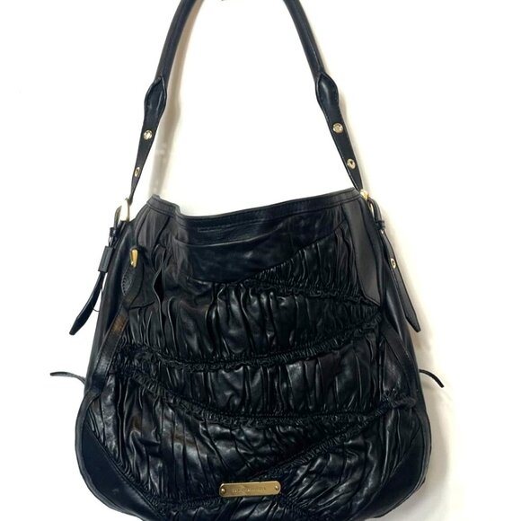Burberry Black Lambskin Leather Pleated Hobo Bag Gold Hardware Detachable Strap - Picture 4 of 16